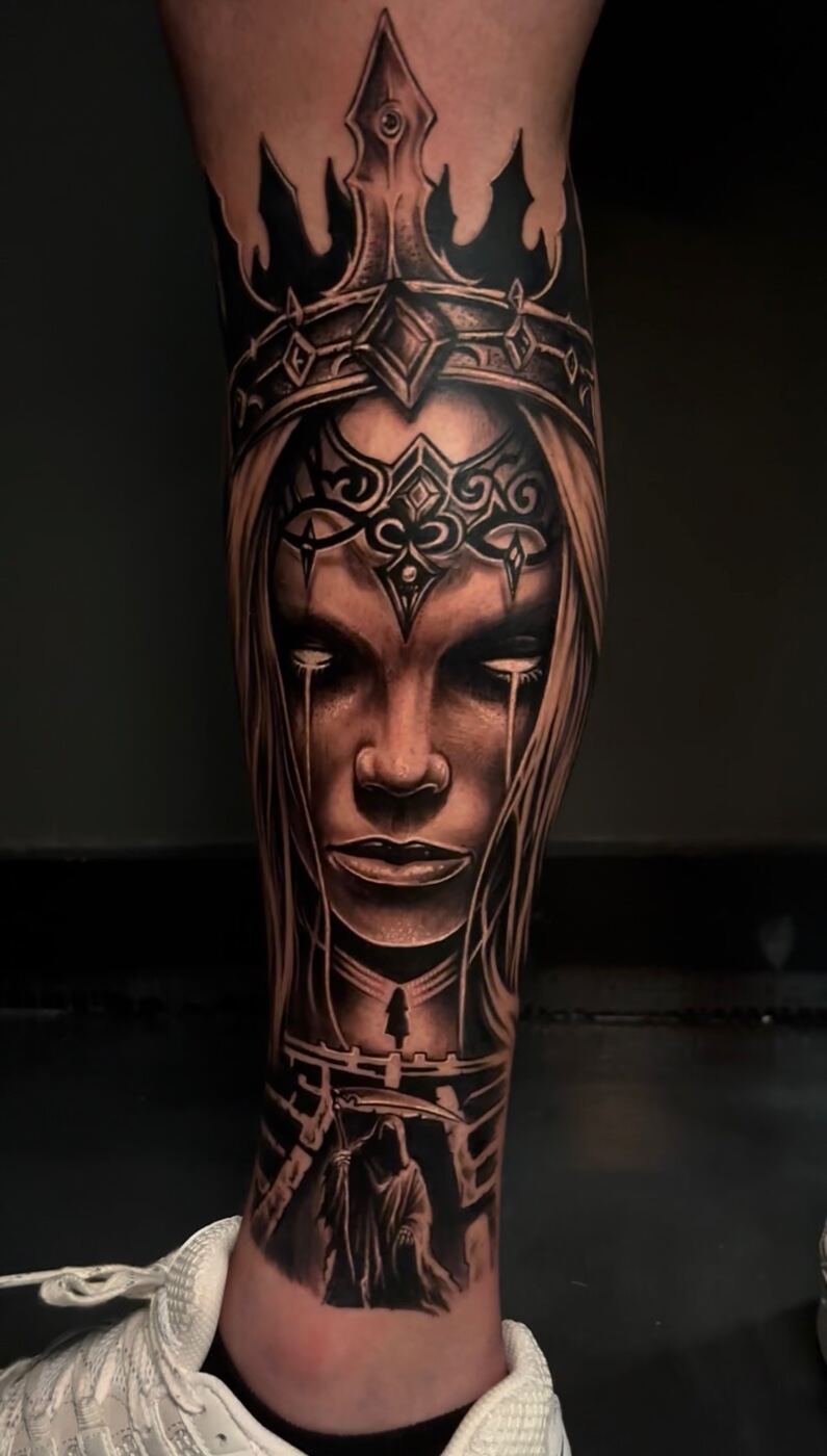 Black and grey realism calf piece, crowned queen with reaper