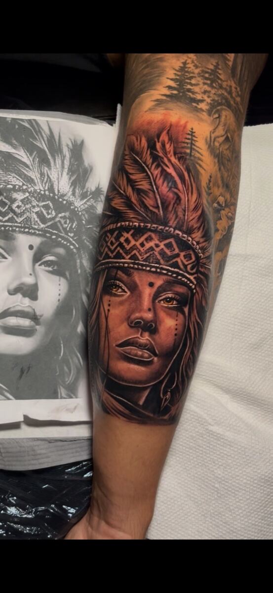 Color realism forearm, Native American woman in feathered headdress