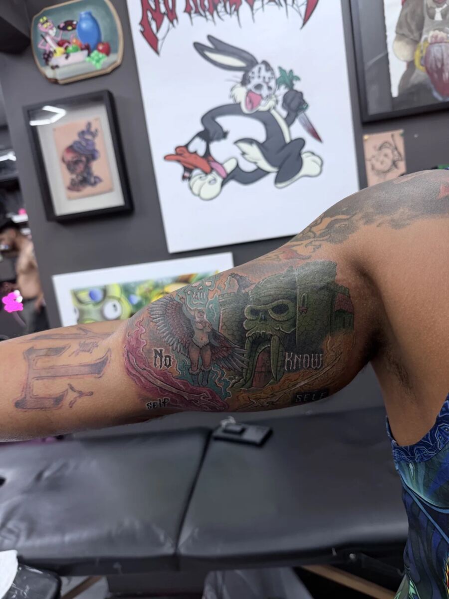 Color upper arm sleeve, skull and grim reaper imagery